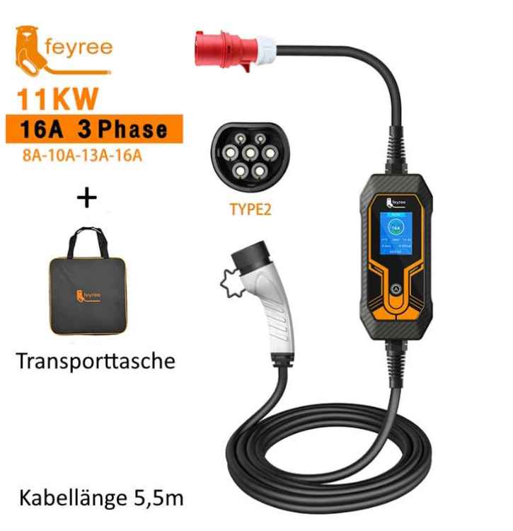 E-Auto Ladegerät, mobile Wallbox, mit großem Display, 5 m Länge, 11 KW, Typ 2, für Kraftsteckdosen, rote CEE Dose, inklusive Transporttasche